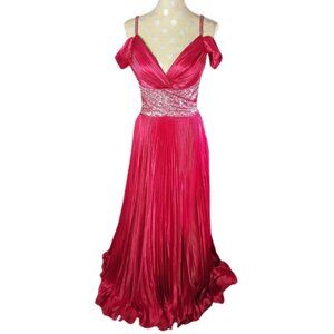 Jovani Red Sequin Pleated Off Shoulders Silk Gown 8